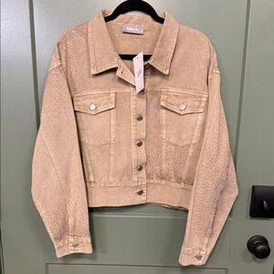 blue B. Beige Embellished Cropped Denim Jacket